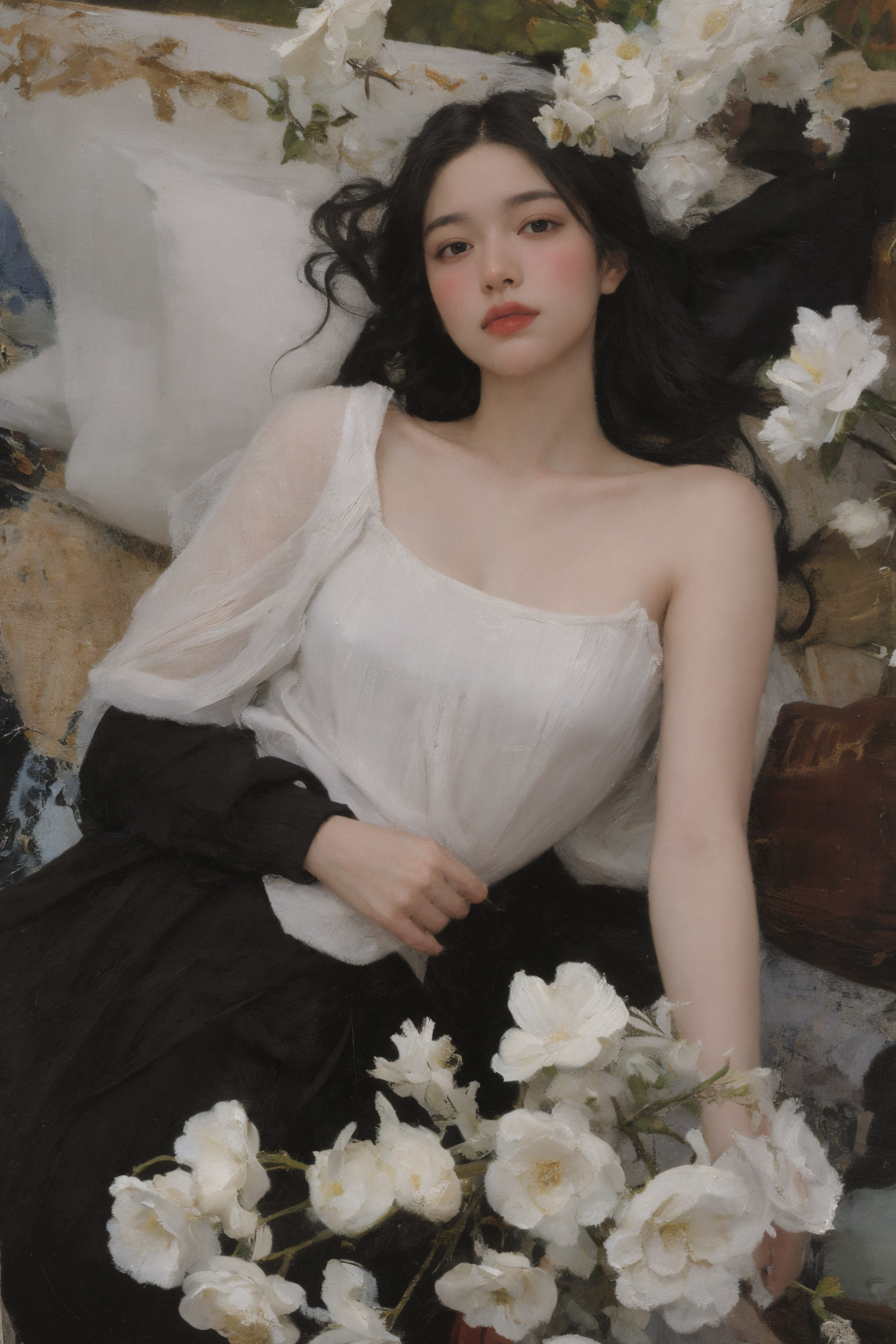 2312311919-2422981607-(oil painting_1.5),____a woman with long black hair and white flowers in her hair is laying down in a field of white flowers, (a.png